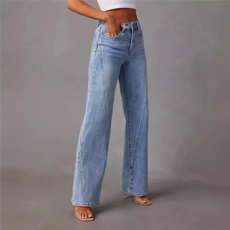 Faionable Loose Patchwork Wide Leg Women's Jeans High Waist Cotton GBXMAO Briti Sle mid Stretch Blue Denim Pants